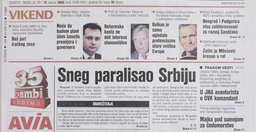 Smetovi od dva metra i 5.000 tona soli: Kakav je bio januar pre 20 godina?